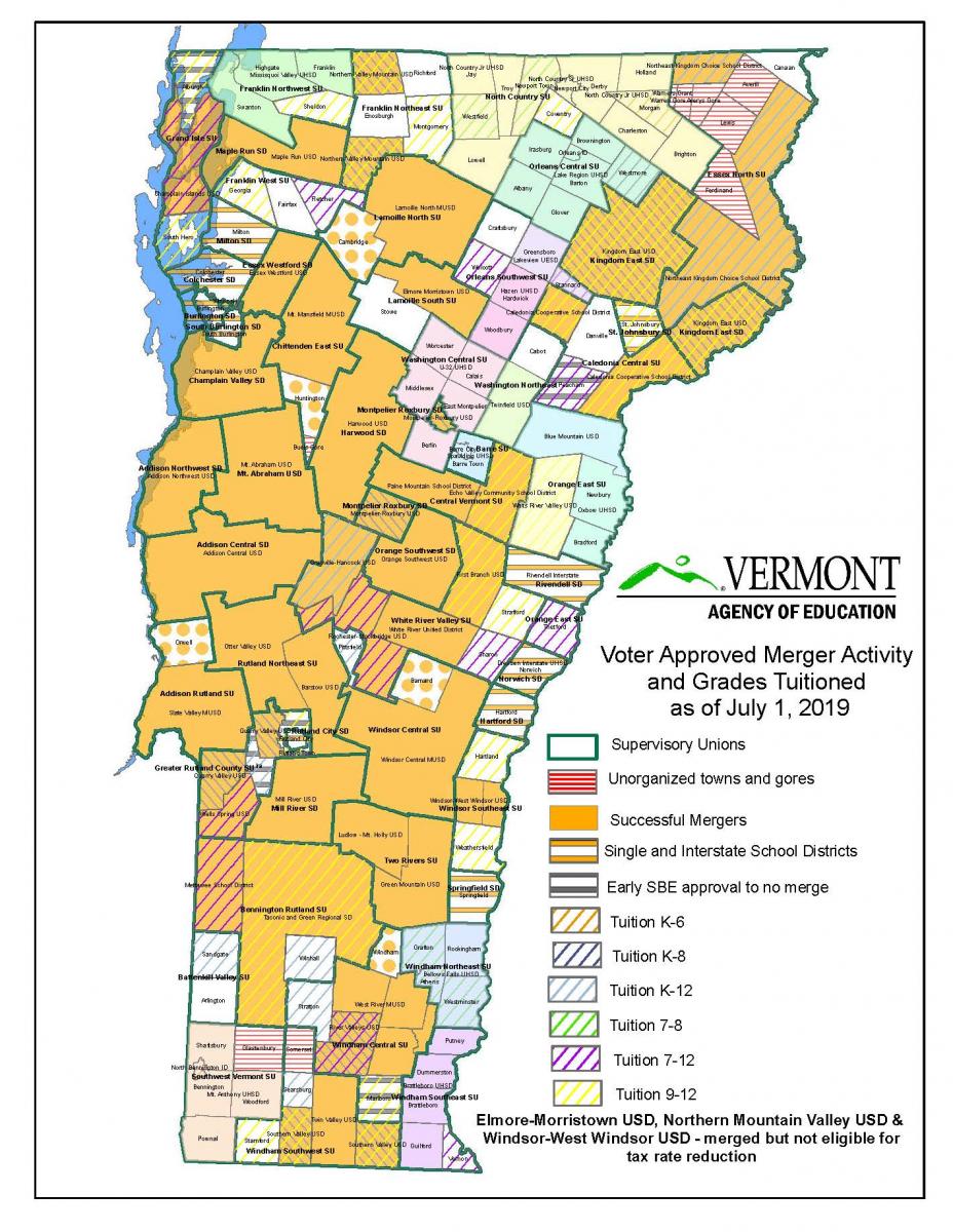 Map of Vermont voter-approved merger activity as of July 1, 2019. For the full table of results, click the linked image.