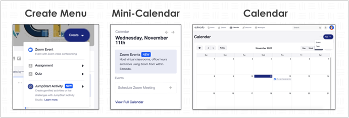 Creating a Zoom meeting in Edmodo can be done from within a Class/Group or via your Calendar. To create a meeting from within a Group, click on the Create button in the group banner, then click Zoom Event. To create a Zoom event from the Group’s Mini-Calendar, click on Schedule Zoom Meeting in the Mini-Calendar displayed on the group home page. To create a Zoom event from the Calendar, click on the Calendar icon on the top of the screen.