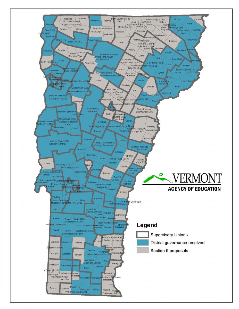 This is a map of Vermont showing the location of school districts with Act 46 Section 9 proposals. The districts are listed in the Secretary's Proposed Plan under Act 46 Section 10.