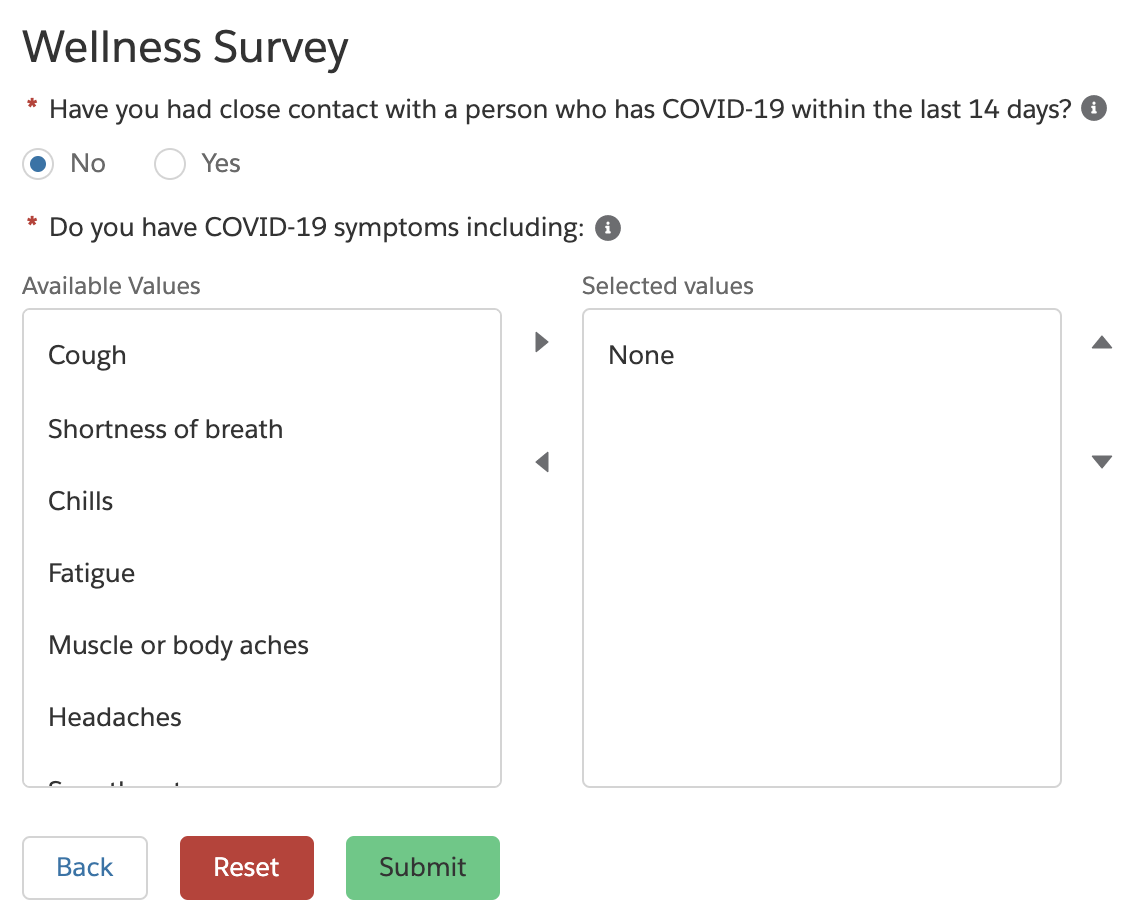 Wellness Survey Screenshot showing survey questions on COVID-19 exposure and symptoms