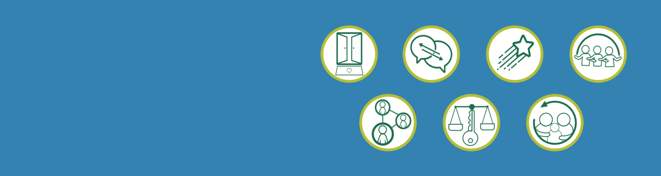 Seven icons that symbolize creating a welcoming environment, building effective two-way communication, supporting the success of students, sharing power and responsibility, partnering with the community, providing equity and access, and ensuring sustainability